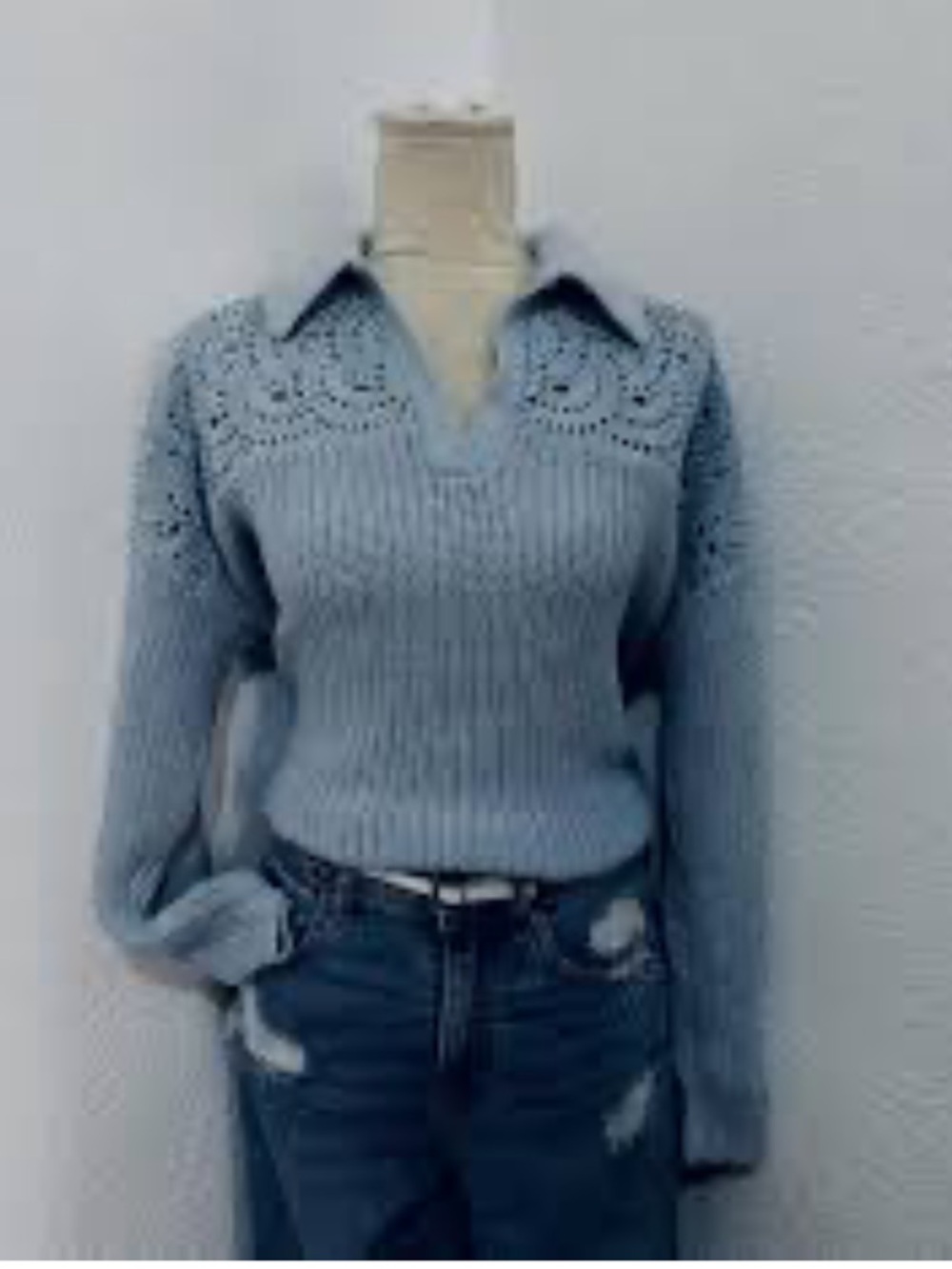 Loft Sweater Crochet S Light Blue Cotton